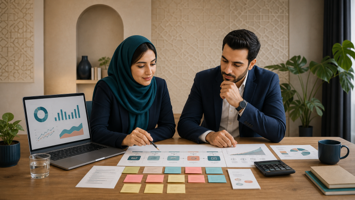 تیم کسب‌وکار در حال تدوین برنامه رشد و بیزینس پلن دیجیتال